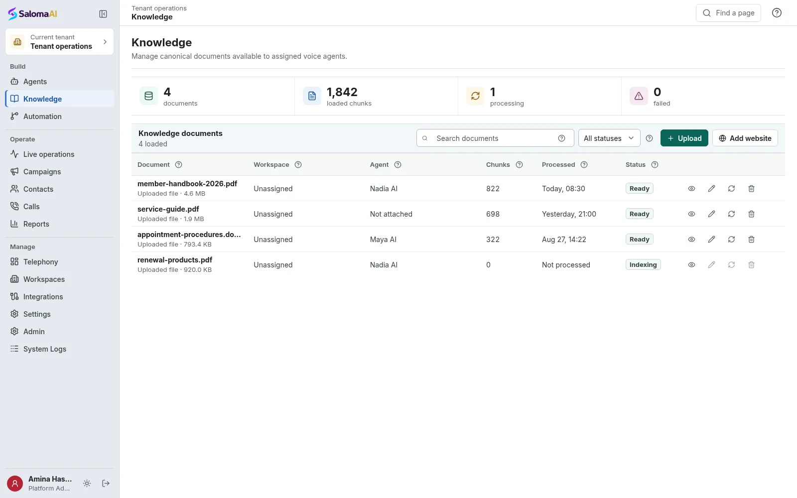 Saloma knowledge library with sample documents, processing status and the agents allowed to use them.